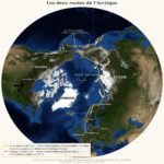 Carte polaire des deux routes maritimes de l'Arctique : route du Nord russe et passage du Nord-Ouest canadien