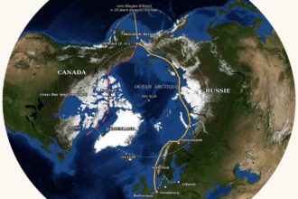 Carte polaire des deux routes maritimes de l'Arctique : route du Nord russe et passage du Nord-Ouest canadien