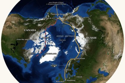 Carte polaire des deux routes maritimes de l'Arctique : route du Nord russe et passage du Nord-Ouest canadien